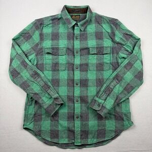 Lucky Brand Mens L Green Plaid Saturday Stretch Flannel Shirt Button Down Pocket